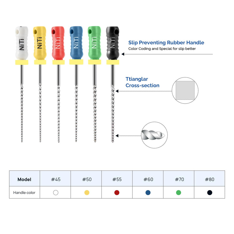 JMU Dental K Files #45-80/25 mm for Endodontic Root Canal, NITI Hand Use K-Files, 6 Pcs/Pack, 10 Packs Total #45-80(25mm)