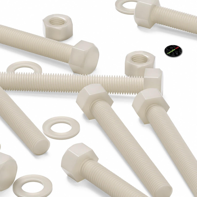 5X Natural Nylon PA66 Hex Head Plastic Bolts, Nuts & Washers, M20 x 150 mm, Fastener, (25/32 x 5 29/32 in)