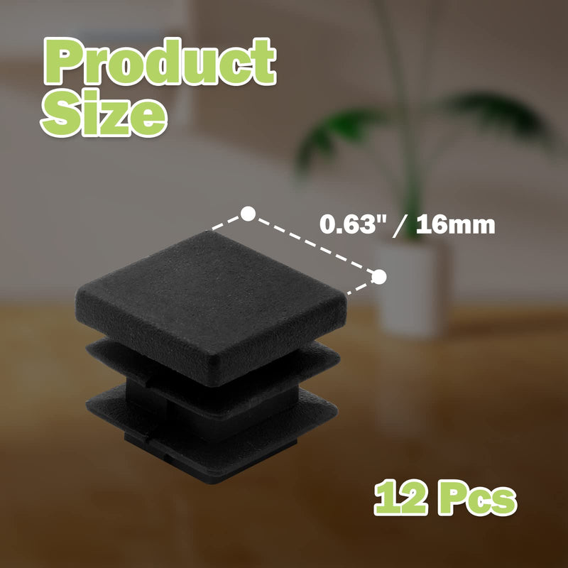 12 Pcs 5/8" Square Plastic Plug, Black Square Plastic End Cap Furniture Finishing Plug for Pipe Post, Chairs and Furniture 12pcs Black 5/8 x 5/8 Inch