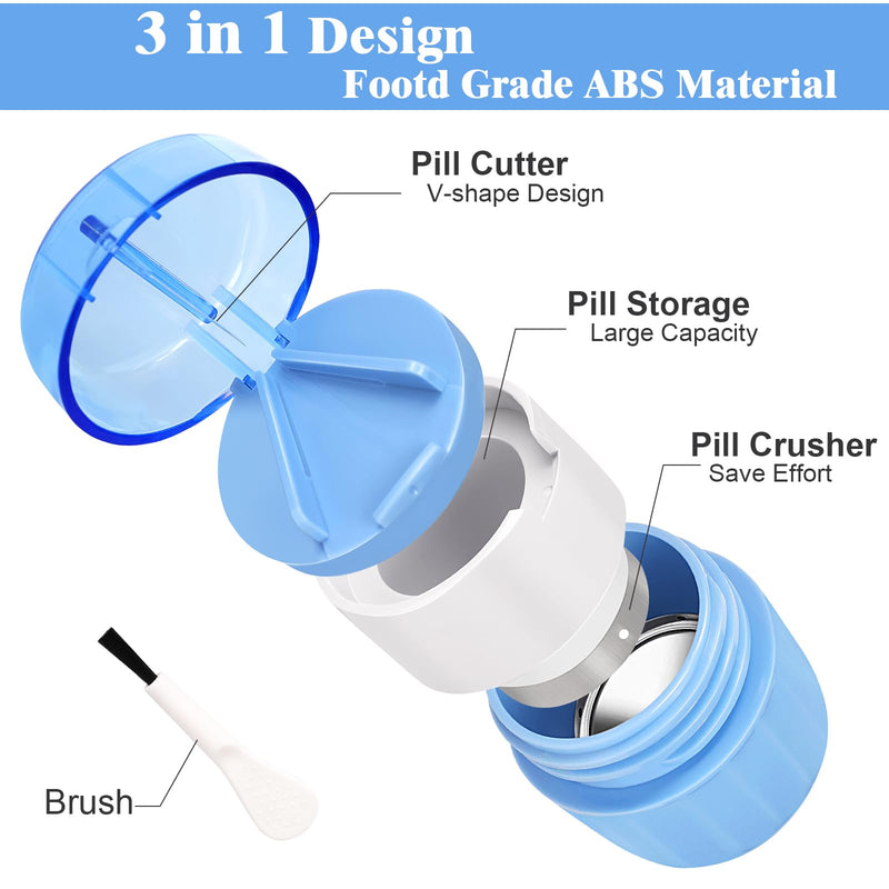 3-in-1 Pill Crusher Cutter with Storage Box, Pill Grinder with Brush Small Bags, PillCrusher Fine Powder with Stainless Steel Grinding Head for Elderly and Pets