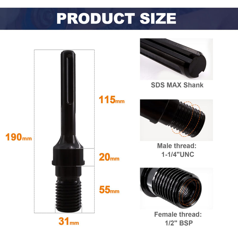1-1/4"-7 Male to SDS MAX BRSCHNITT Core Drill Adapter for Core Bits 1-1/4UNC to SDS MAX