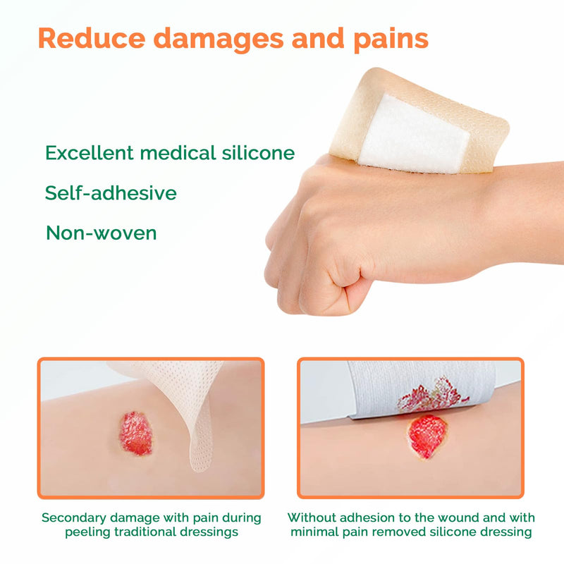 Silicone Foam Dressing 4x4 Inch with Border, 10 Pack Adhesive Large Waterproof Bandages for Wound, High Absorbency Big Foam Pad Bandaids, Medical Grade Wound Dressing 4 x 4 Inch(10pcs)