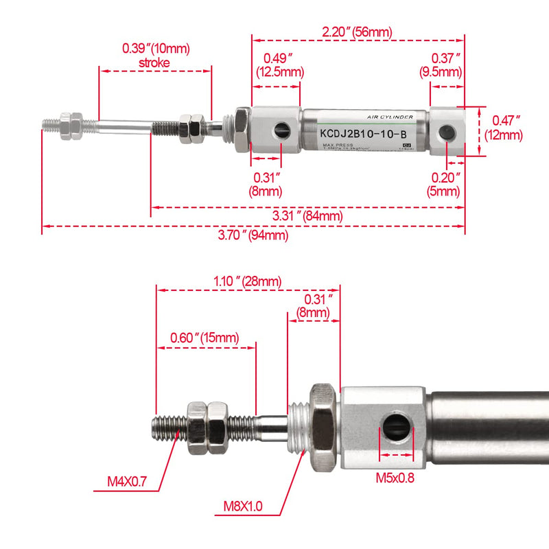 Stainless Steel Slim Air Pneumatic Cylinder, CDJ2B 10-10, M5 Port, 10mm Bore, 10mm Stroke, Double Acting Single Rod