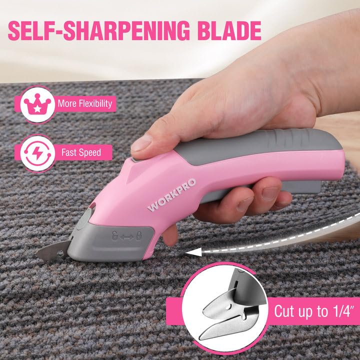 WORKPRO 4V Cordless Electric Scissors With 2 blades, Fabric, Leather, Carpet and Cardboard Cutter, 2000mAh Rechargeable Powerful shears with Storage Case O/D CUTTER