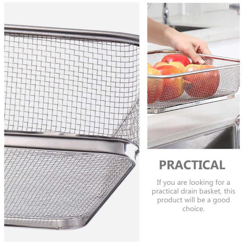 Cabilock Stainless Steel Drain Basket 13.38 X 9.84 X 3.14 Inch Fine Mesh Vegetable Fruit Strainer Kitchen Sink Colander for Food Rinsing and Draining