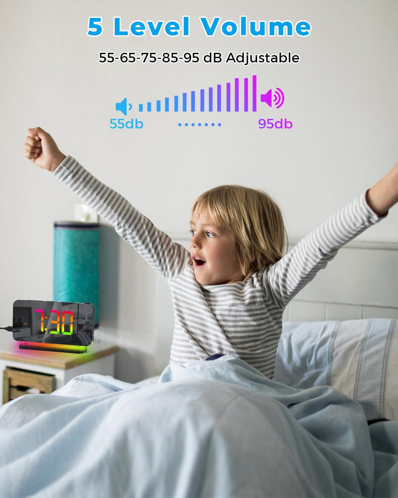 SZELAM Projection Alarm Clock, 7.4 in Digital Mirror Clocks,with 180° Rotatable Projector, RGB Night Light,USB C Charger Port, Auto Dimmer, LED Desk Clock for Bedroom - Black