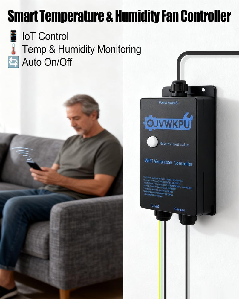 Temperature and Humidity Exhaust Fan Switch, Multi-Functional Vent Controller with IoT, Auto On/Off by Temp & Humidity, 25A Heavy-Duty Load