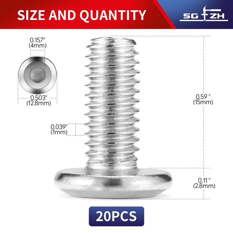 M6 x 15mm 20Pcs Flat Head Hex Socket Cap Screws Bolts, 304 Stainless Steel 18-8, Full Thread by SG TZH (with Hex Spanner) 20 M6 x 15mm