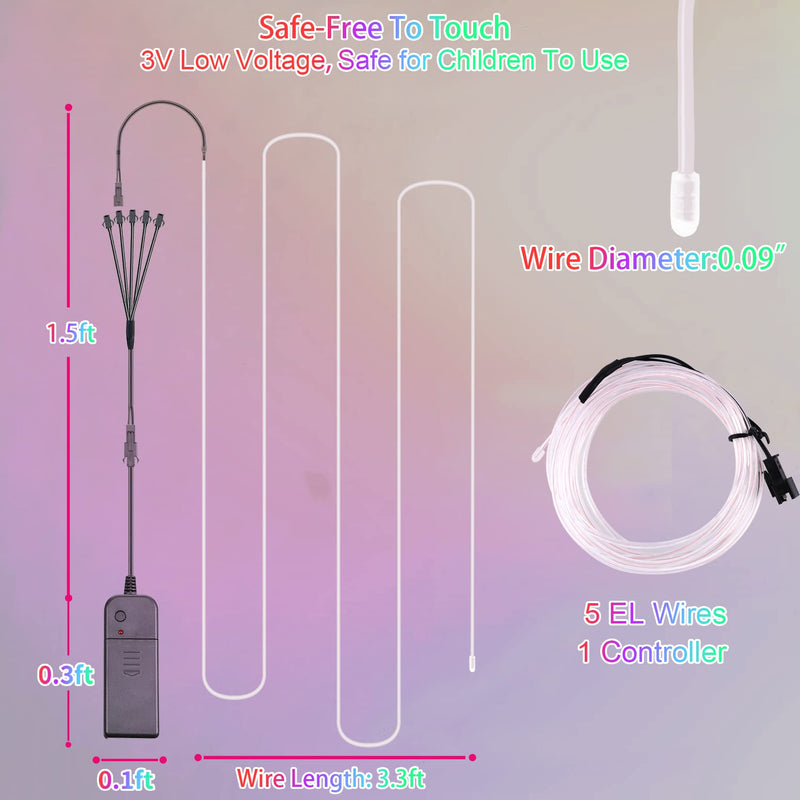 EL Wire-5 in 1 Meter Portable Neon Rope Lights Strip-Wearable Battery Pack Body Lights-360°Illumination-Super Bright-Cuttable-DIY Halloween Christmas Festival Party Game Room Cosplay Costume(Ice Blue Ice Blue 5in1
