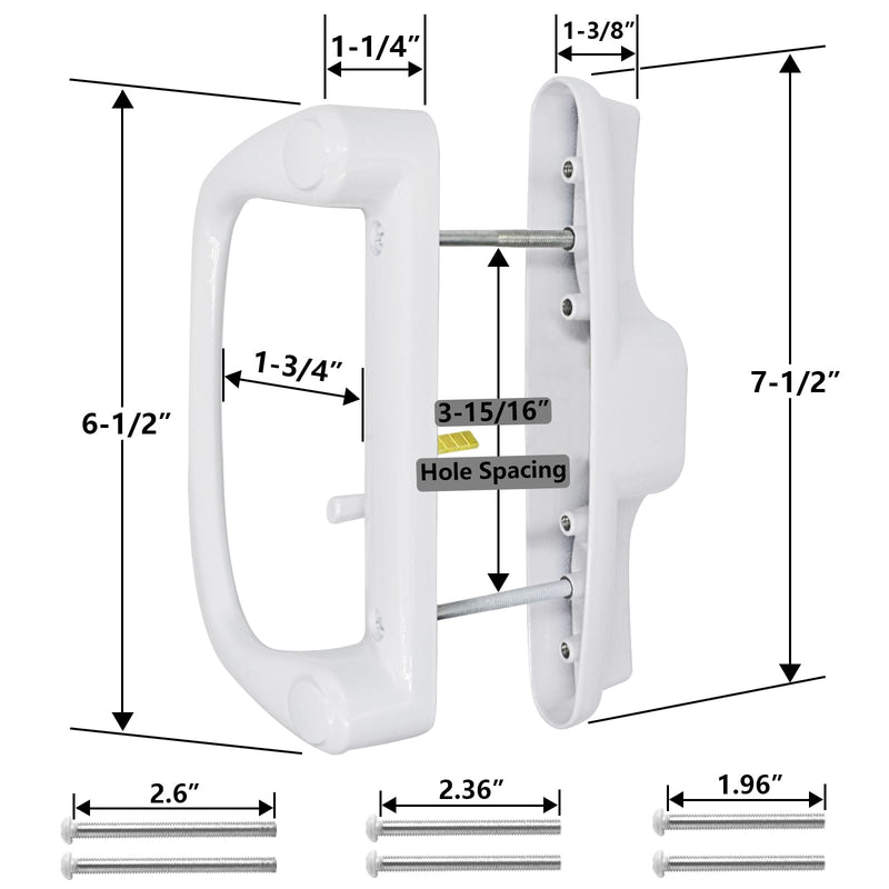 Sliding Glass Patio Door Handle Replacement Set with Mortise Lock 45° Keyway, Non-Keyed Pull Handles, Fits 3-15/16" Hole Spacing, 1-1/4" to 2" Thick Doors, Non-Handed, White Non-Keyed Handles + Mortise Lock