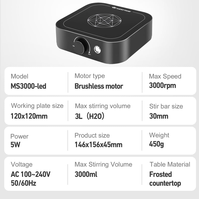 Magnetic Stirrer 3000rpm with LED Light, Magnetic stir Plate with 2pcs Stir Bar, Mini Magnetic Mixer Stirrer Max Stirring Capacity 3000mL for Lab and Homebrew (No Hot Plate)