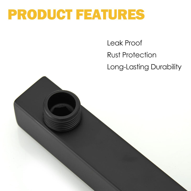 BESy 16 Inches Straight Extended Shower Arm With Flange, Rain Shower Head Extension Arm, Square Shower Rod Shower Head Extender Arm Shower Pipe Extension, Wall-Mounted Matte Black Stainless Steel