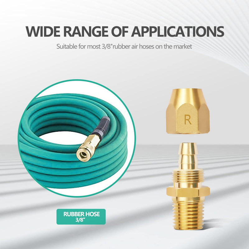 2pcs Premium Solid Brass Pneumatics Reusable Rubber Hose-End Repair Fitting, 3/8" Barb For 3/8-Inch ID Rubber Air Hose With 1/4" NPT Rubber 3/8X1/4 MNPT 2