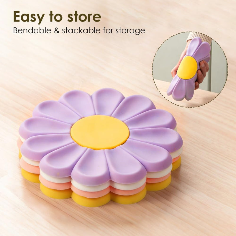 4Pcs Silicone Daisy Heat Pads, Creative Hot Pots Trivet Heat Resistant Mat for Kitchen Cooking White 17cm