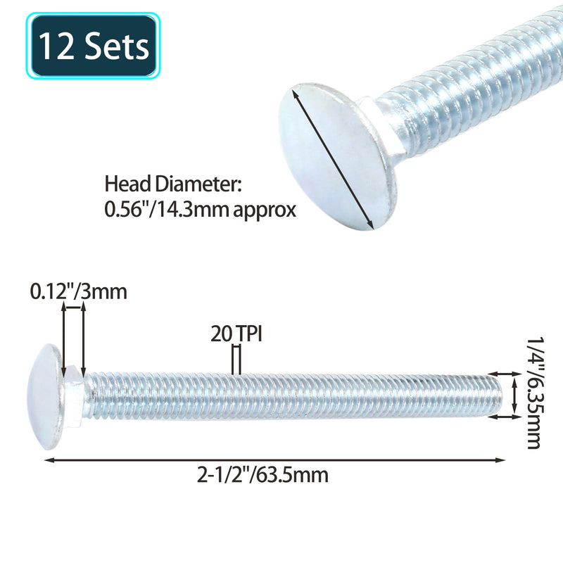 Luomorgo 12 Sets 1/4"-20 x 2 1/2 in. Carriage Bolts, Round Head Square Neck Fully Threaded Screws, Galvanized Steel Carriage Bolts with Hex Nuts, Flat Washers 1/4"-20 x 2 1/2 in. - NewNest Australia
