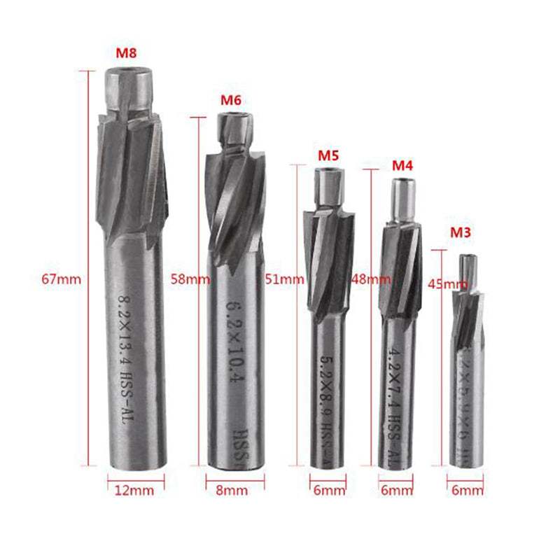 Counterbore Drill Bit, 5pcs M3-M8 Countersink End Mill Cutter Slot Drill Bits Tool 4 Flutes HSS-AL High Speed Steel End Mill for Milling of Copper, Aluminum, Steel, Cast Iron