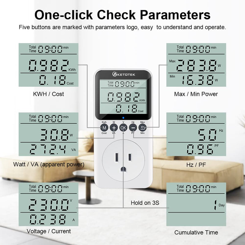 Watt Meter Power Meter Plug Electricity Usage Monitor for Home, Energy Monitor with LCD Display, Kilowatt Meter Socket Outlet, Voltage Amps Power Consumption Meter, Overload Protection US Plugs