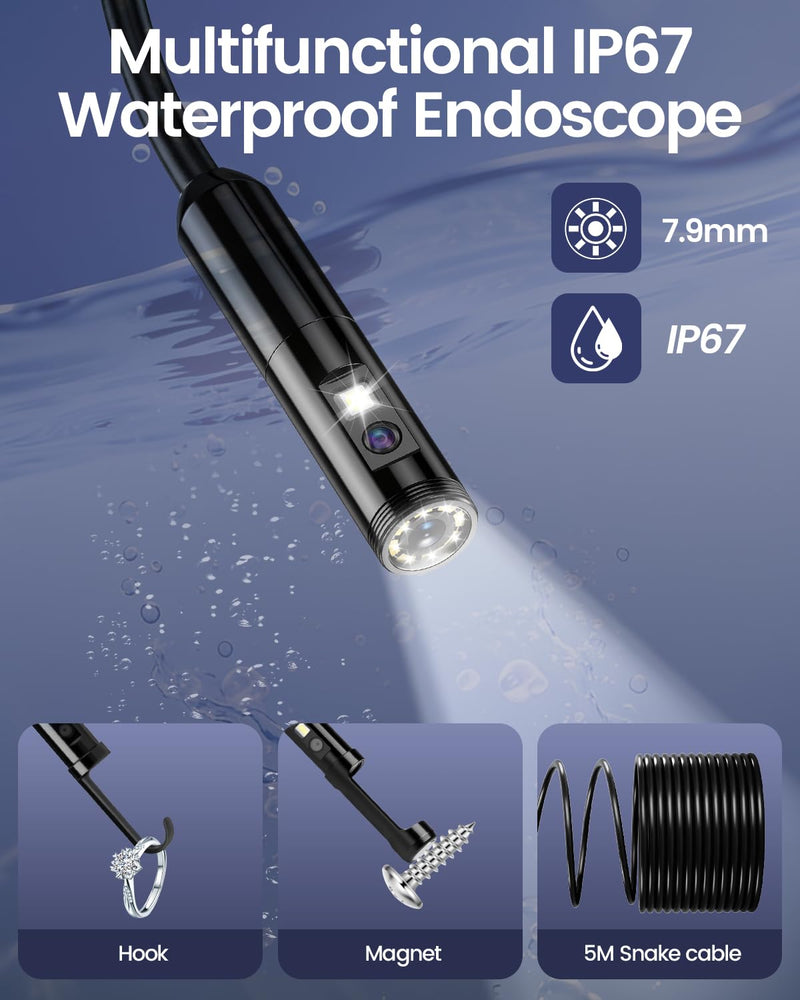 Endoscope Camera with Light, 1920P HD Borescope Pipe Inspection Camera with 8 LED Lights, Waterproof 16.4FT Semi-Rigid Snake Camera, Industrial Bore Scope for iPhone Android Phone Dual Lens