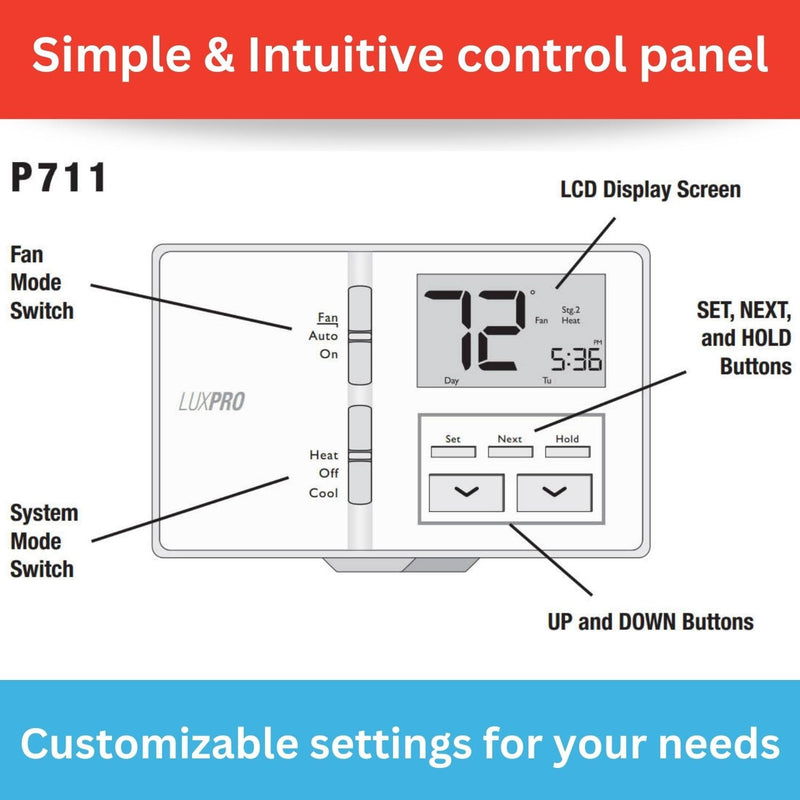 Lux Pro P711 Programmable 7 Day Thermostat for Home Use; 1 Heat, 1 Cool