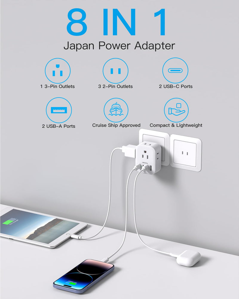2 Pack US to Japan Travel Plug Adapter, Japan Power Adpter with 4 Outlets 4 USB Ports(2 USB C), Type A Plug Adapter for Amercian USA to Japanese China Canada Mexico Philippines Peru Type A - Japan USA China - NewNest Australia