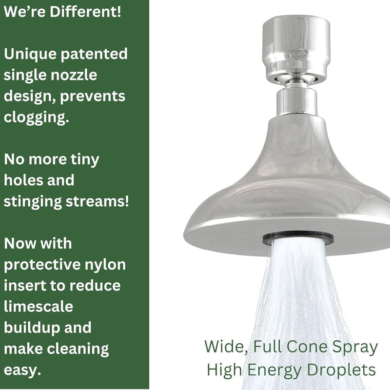 High Sierra® HALF DOME® Solid Lead-Free Metal 1.25 GPM Award Winning. Ultra Low Flow Shower Head. Patented Nozzle Never Clogs - Polished Chrome Finish