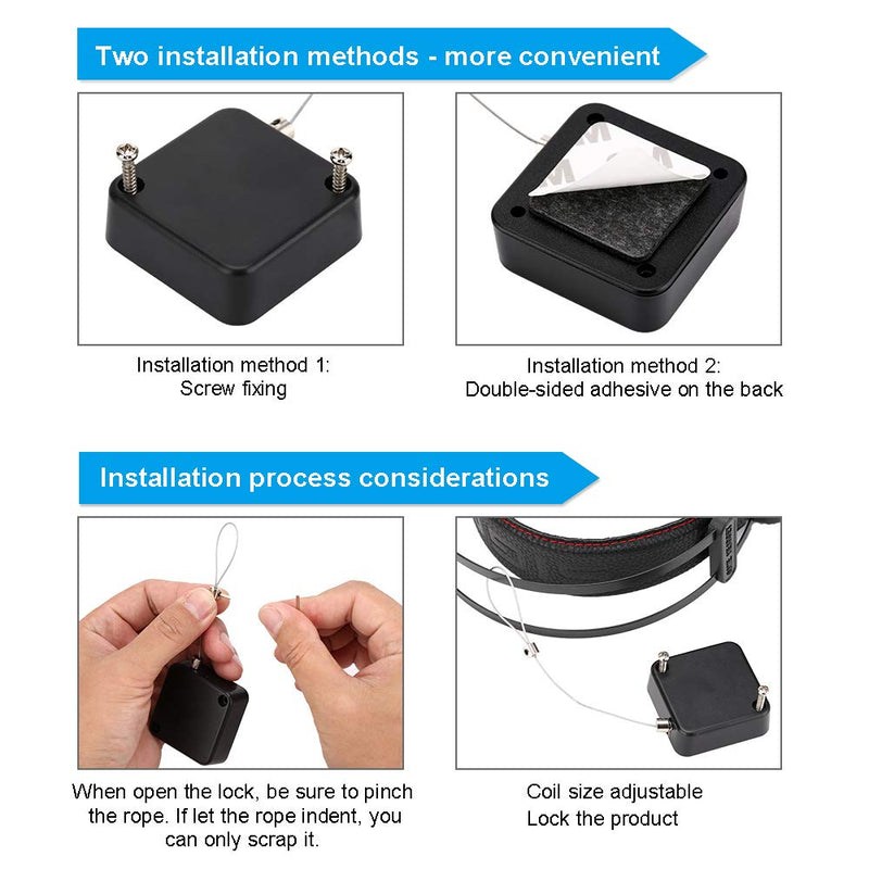 Loradar Retractable Cable Lock with Cable Tether Safety Strap, Wire Rope Safety Lock for Earphone and All Kinds of Exhibits Such As Glasses, Shoes, Key Box, Jewelry, Watches-2 Pack Black5