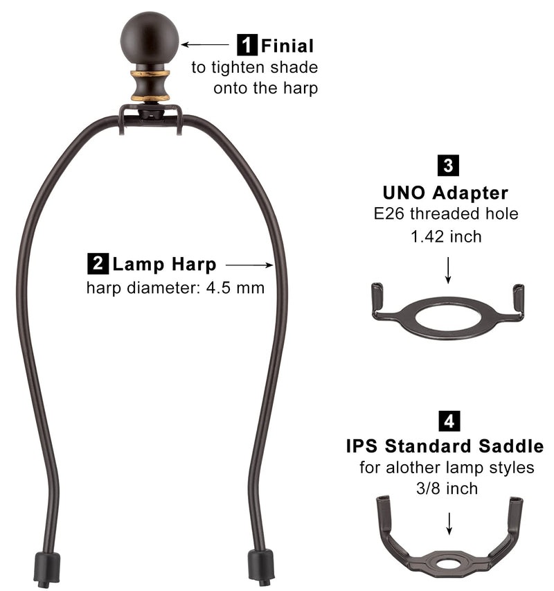 Bronze Lamp Harp with Lamp Finials - 8 Inch, 2 Set Lamp Shade Holder with 3/8 Standard Saddle, E26 Light Base UNO Fitter Adapter, Lamp Shade Harp for Table and Floor Lamps, Lamp Accessories and Parts Bronze