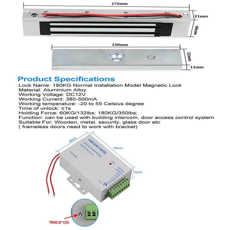 Door Access Control System Kit, RFID Keyboard with Rain Cover, 180/350lbs Magnetic Lock, DC12V Power Supply, 10Pcs 125KHZ ID Keyfobs,Door Safety Switch Applies to Outdoor
