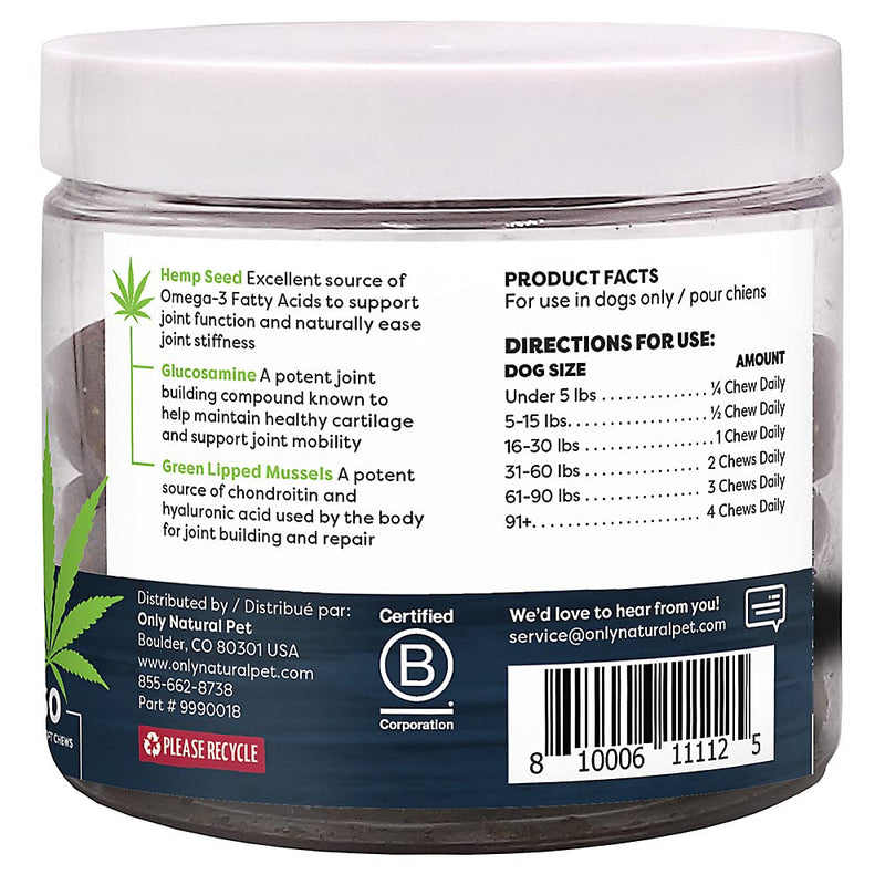 Only Natural Pet Hemp Advanced Mobility Support for Dogs Holistic Wellness Hip Bone Joint Health - Inflammatory Function Relieves Pain Stiffness Green Lipped Mussels Turmeric (HA) 60 Count - PawsPlanet Australia