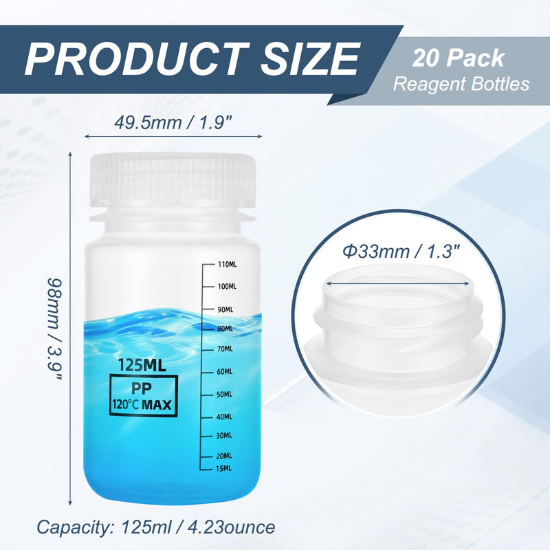 PATIKIL 20 Pcs Plastic Sample Bottles with Screw Cap, 4 oz 125ml Wide Mouth Reagent Bottle Transparent PP Sample Containers with Lid for Lab Water Reagent Sample Home Storage Seal, Clear