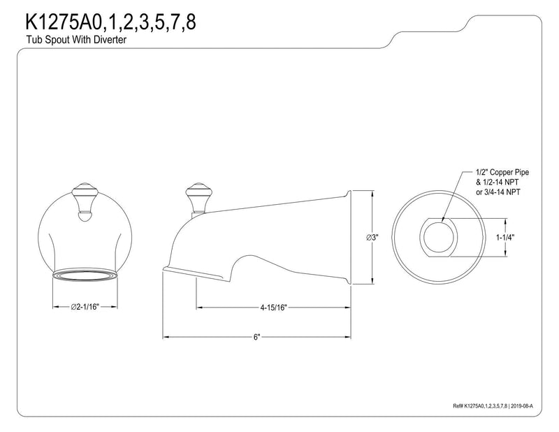 Kingston K1275A0 6" Zinc Universal Tub Faucet Spout, Matte Black