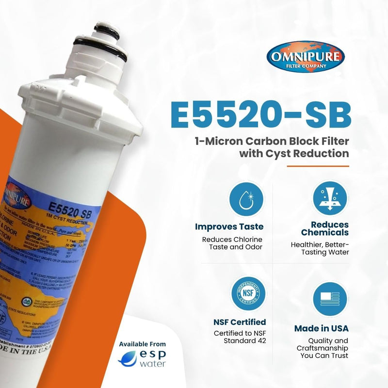 Omnipure E5520-SB Carbon Block Water Filter 1 Micron 10 x 2.5 Twist and Lock Cartridge Reduces Chlorine Improves Taste and Odor Quick Change Replacement
