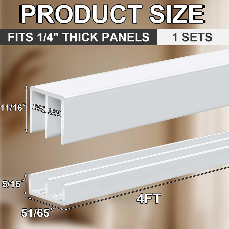 Landical 1 Set 4 ft White Aluminum Sliding Door Track Set for 1/4" Panels, Top and Bottom Closet Door Metal Track for Cabinet, Showcase, Glass or Wood Sliding Doors