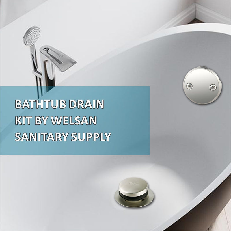 Tubular Bath Tub Drain Kit 1-1/2" with Brushed Tip-Toe Bathtub Drain Stopper, Welsan Touch-Toe Bath Plug Waste and Overflow Face Plate, PVC Plastic Pipe (Brushed Nickel)