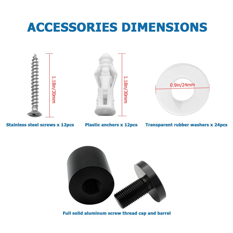 1“x 1“ Solid Aluminum sign standoffs wall mounts support advertising screws fixings bolts for acrylic frame picture billboard glass posters signs display 12PCS (Black anodized) Black anodized