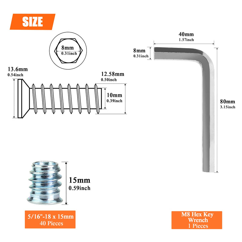 40 Pieces 5/16”-18 x 15mm Threaded Inserts with Hex Wrench, 5/16-18 Threaded Inserts, Wood Inserts, Blue Zinc Plated Carbon Steel Threaded Inserts for Wood Furniture Screw 5/16"-18 x 15mm