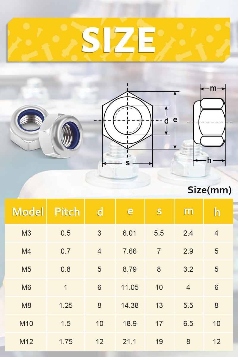 50Pcs M3-0.5mm Nylon Insert Hex Lock Nuts DIN985 Stainless Steel A2 Self Locking Nuts for Industrial Construction Fasteners 50 M3×0.5