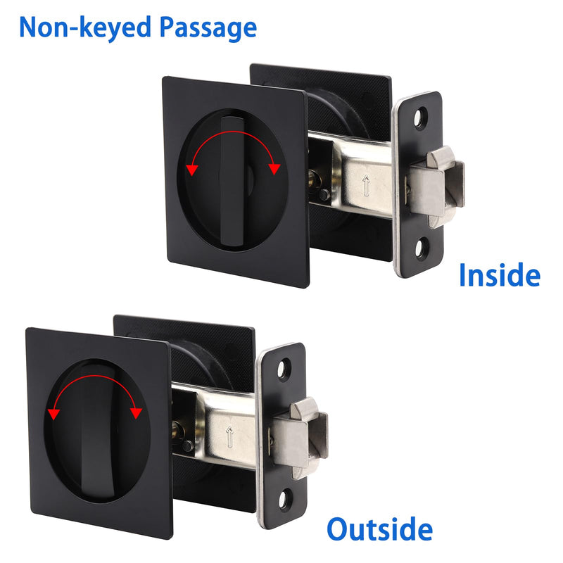 Dontay Pocket Door Passage Lock, Double Sided Rotation,No Key, Privacy (Bed/Bath) Latch, Flush, Large Locking Lever, Hardware for 1 3/8” to 2 3/16” Thickness Door (Matte Black, 1 Pack(Square)) 1 Pack(Square) Matte Black