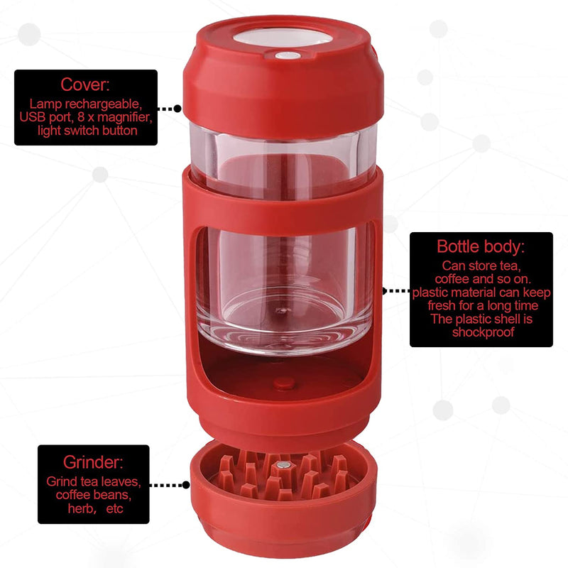Light-Up LED Transparent Seal Storage Jar，Magnifying Viewing Glass Airtight Jar with Grinder ，8 x Magnification Glass(Red) Red