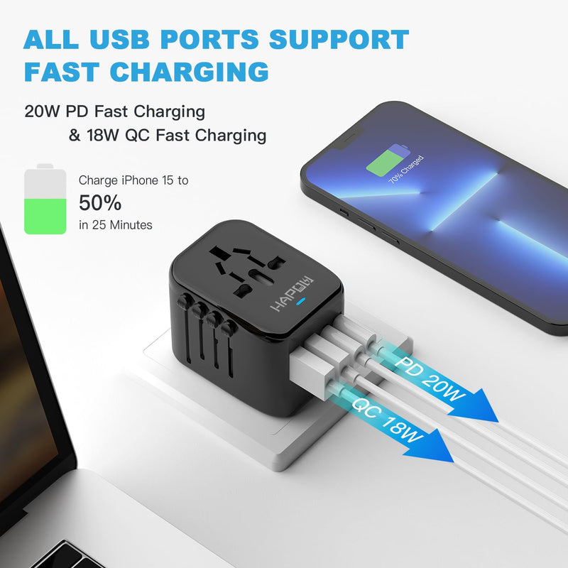 Universal Travel Adapter, PD20W International Power Adapter, 2 USB-C & 2 USB-A Fast Charging Travel Charger, All in One Worldwide Travel Plug Adapter, Outlet Adapter for Europe EU UK USA AU 2 USB A+2 USB C(PD20W) Black