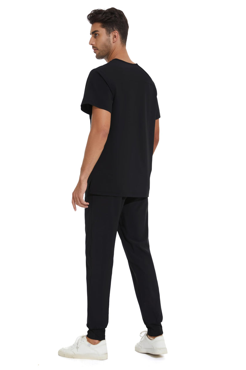 COZYFIT Men Scrubs Set — Stretch V-Neck Scrub Top & Jogger Pant with 8 Pockets, Yoga Waistband, Anti-Wrinkle Scrubs for Men Black Large