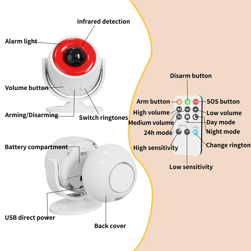 2 Pack Wireless Motion Detector Alarm for Indoor Use, PIR Motion Sensor with Sound Player for Pets, Dogs & Animal Deterrent, Intruder Alert & Remote Safety System, Noise Maker Sensor de Movimiento 2 Pack