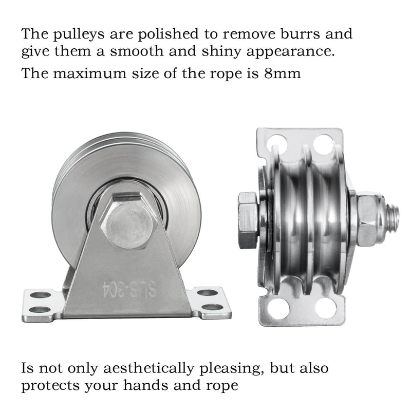 Double Groove Cable Fixed Pulley Block, Heavy Duty Stainless Steel, Bearing Inside, Good for Pulley Lifing System 2Pack 2