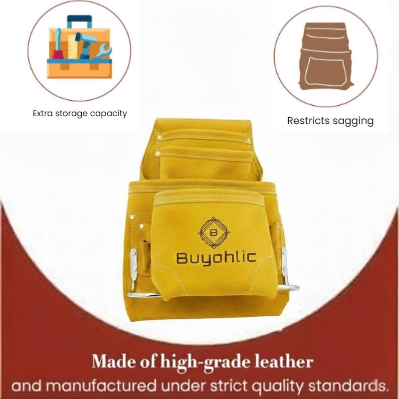 Buyohlic Heavy-Duty Suede Carpenter's Tool & Nail Bag – 10-Pocket Construction Pouch, Dark Tan