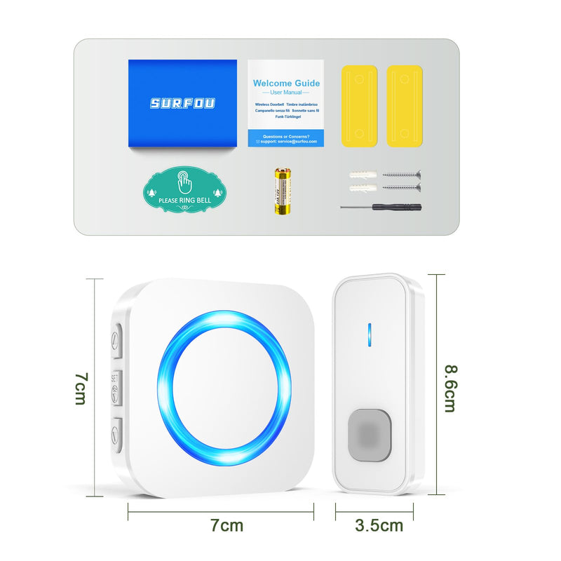 SURFOU Wireless Doorbell 1300FT Range for Home/House/Office/Business/Classroom, 55 Melodies Waterproof Door Chime Kit with 5 Volume Levels & LED Flash, 1 Push Button & 3 Plug-in Receivers, White 1 Button+3 Receivers-White