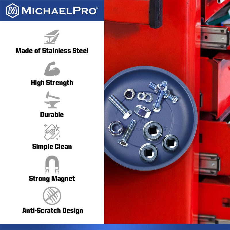 MichaelPro Round Magnetic Tray for Mechanics, Magnectic Tool Holder for Screws, Nuts, Bolts with Strong Magnets for Secure Mounting, Stainless Steel Tool Tray with Anti-Scratch Rubber Base