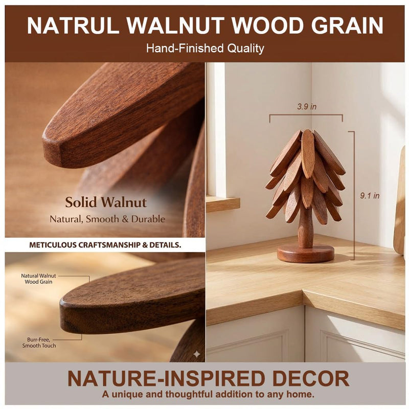 Wooden Trivets for Hot Dishes, Foldable Tree Trivet Set with Stand, 4-Layer Walnut Wood Trivet for Pots, Pans, Coffee & Teapot, Space Saving Table Protector for RV, Decorative Kitchen Decor & Gift Natural Wood