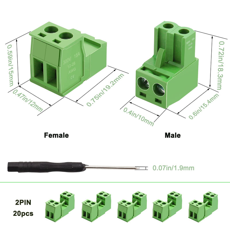 Tnisesm 16Pcs 2 Pin Screw Terminal Block Connector 5.08mm Pitch Pluggable with 2 Pin Phoenix Plug 300V 15A for 28-12AWG Cable 16Pcs -2PIN