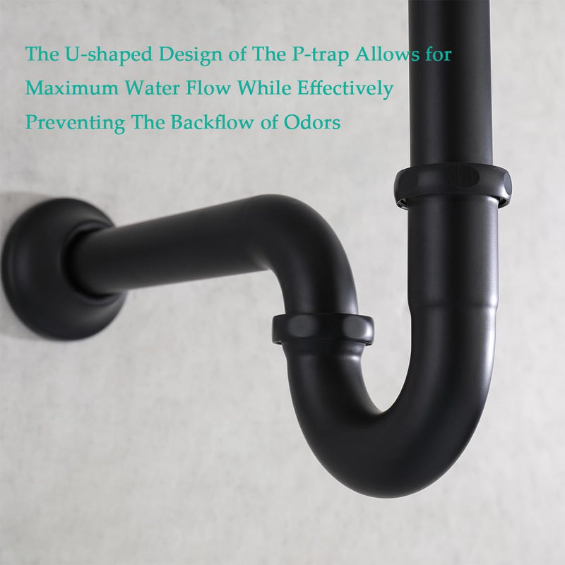 Brass P Trap U-Shape 1 1/4 inch Sink Drain Pipe with Slip Joint Extension Tub,12 inch Vertical Pipe length Adjustable Height Sink Waste Trap Drain Kit Matte Black,SE83555MB-L
