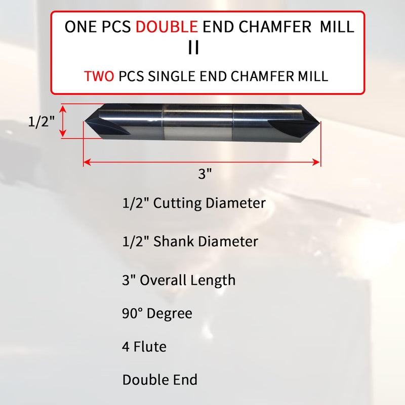 1/2" Chamfer Mill Solid Carbide End Mill,1/2" Cutting Diameter, 3" Overall Length, 4 Flute, 90° Chamfer Angle, Chamfer Mill, Double End,AlTiN Coated,for Medium Hardness Materials 90 degree double end 1/2" *1/2" * 3"